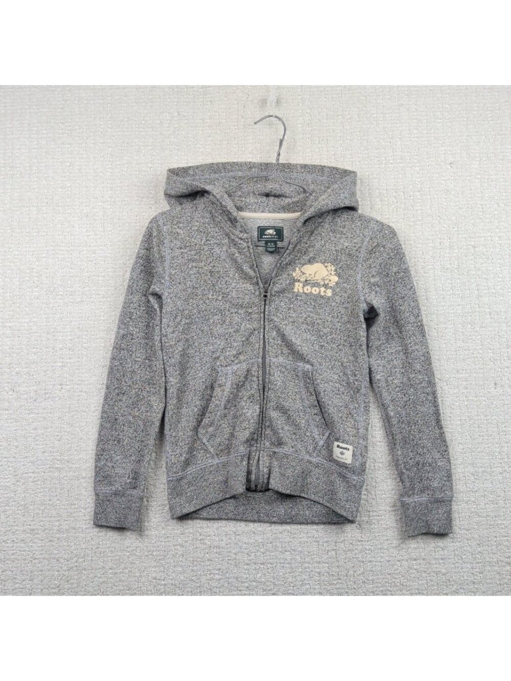 Roots Hoodie Kids Size M 7-8 Heathered Gray / White Full zip Canada Beaver Cabin